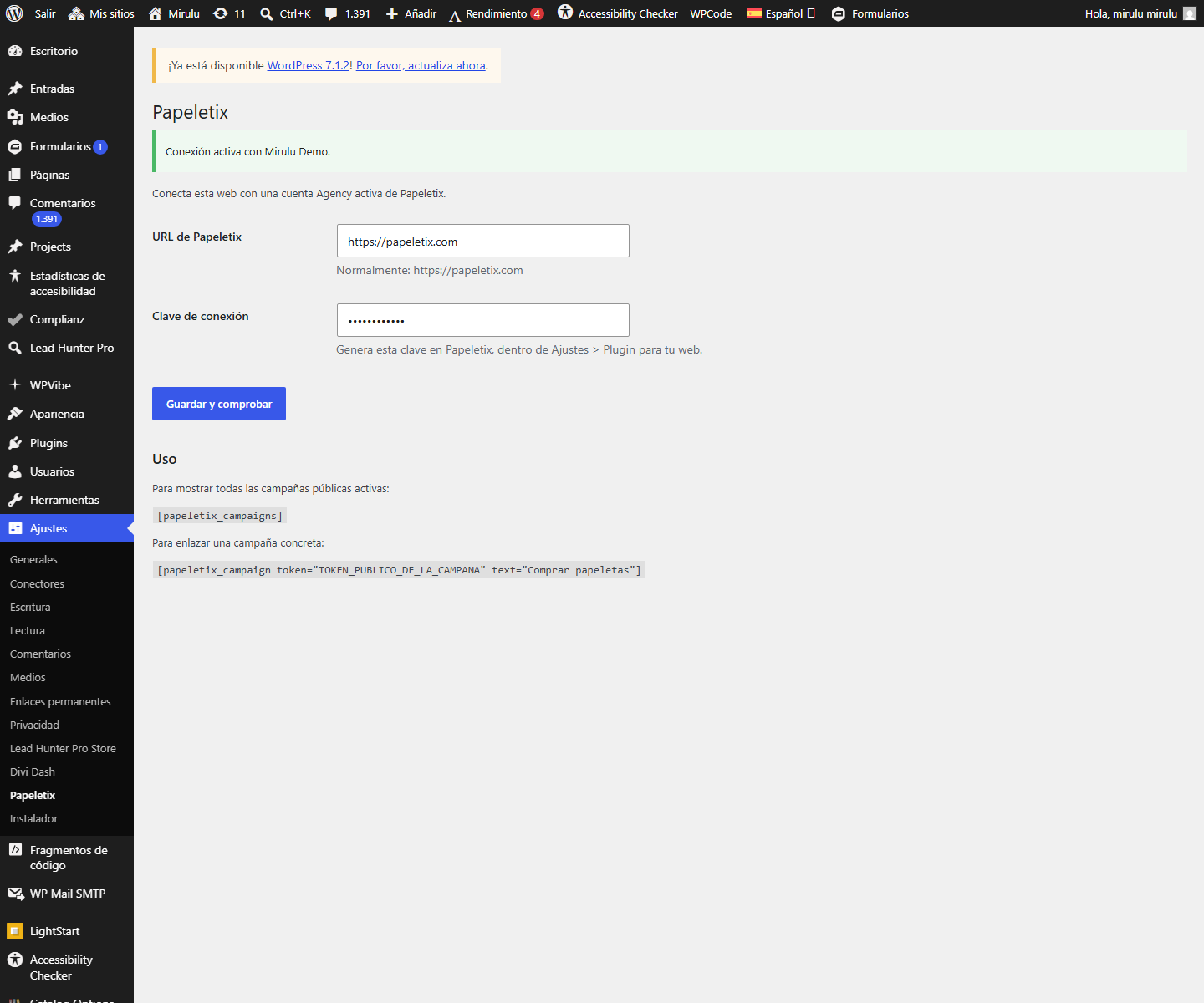 Configuración del plugin Papeletix en WordPress con la clave oculta y conexión activa