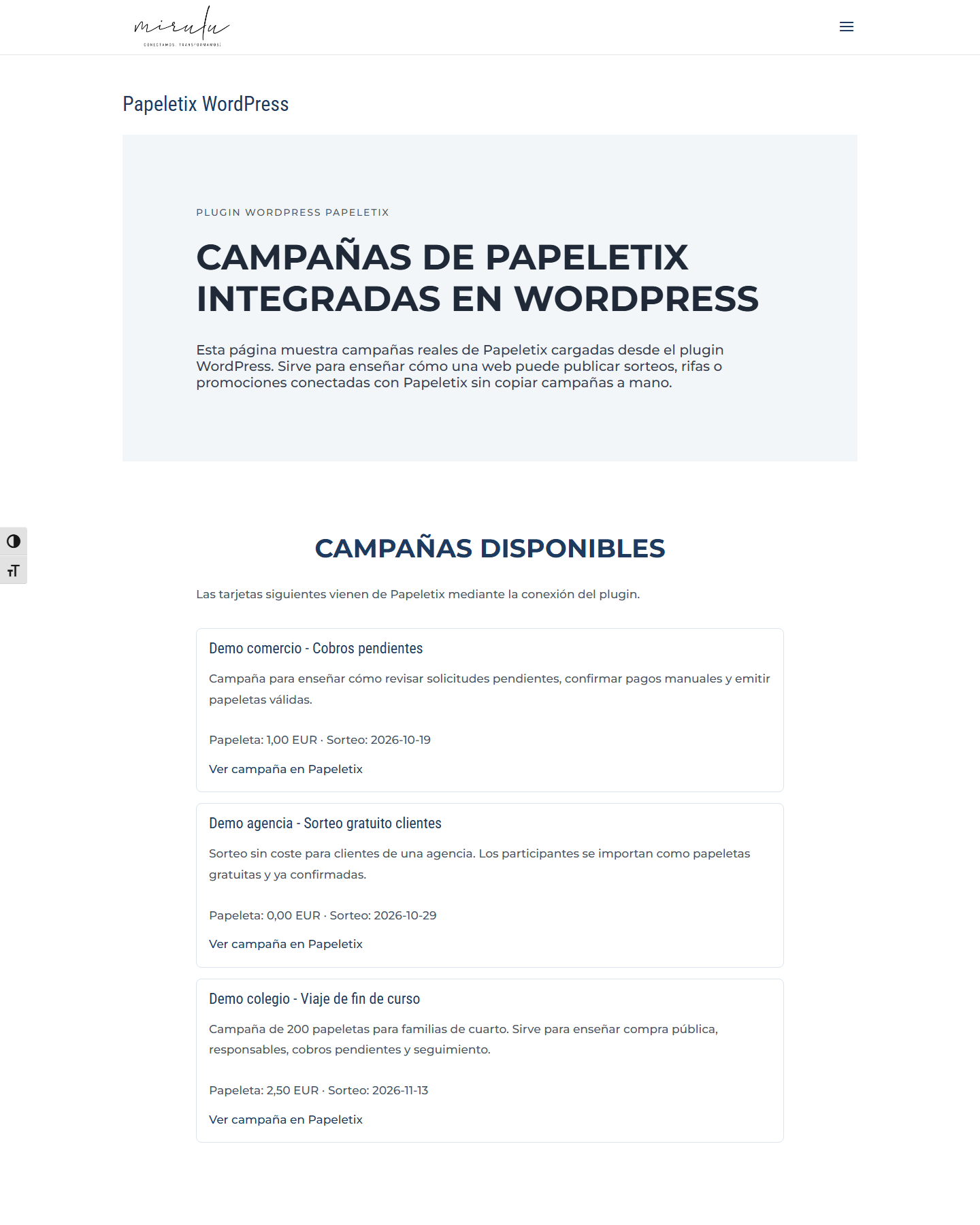 Captura de una página WordPress mostrando campañas de Papeletix mediante el plugin