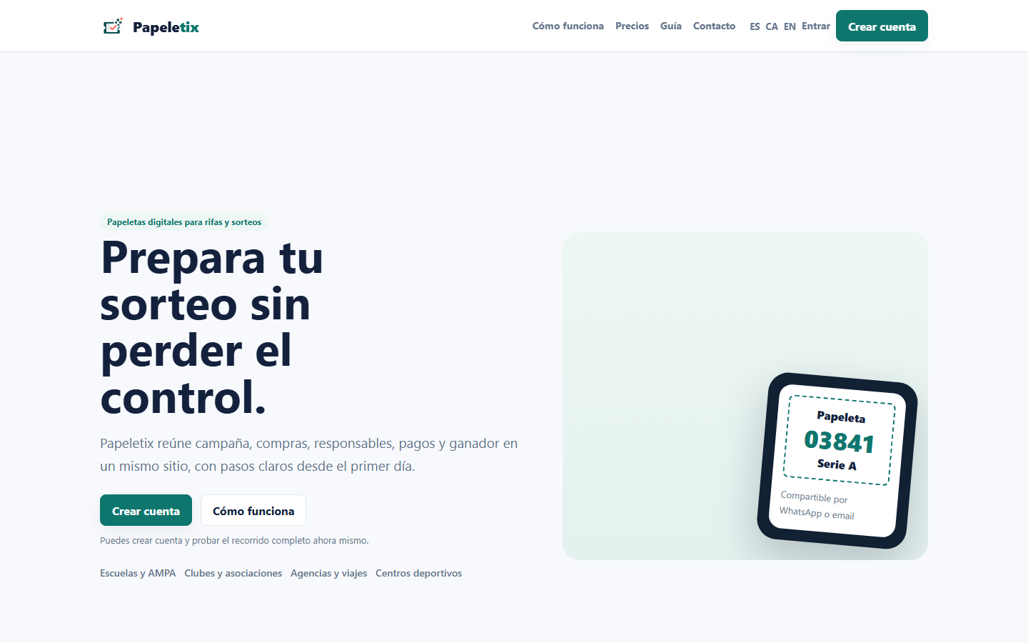 Pantalla principal de Papeletix para gestionar papeletas digitales, rifas y sorteos